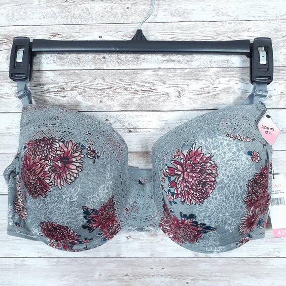 XOXO Womens Padded Push Up Bra 42D Gray Pink Floral Lace Edge 927 - Picture 1 of 4